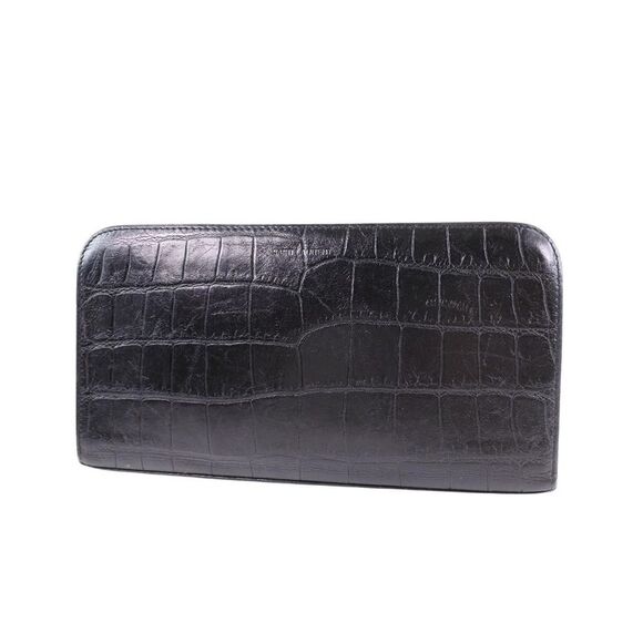 Pre Loved Saint Laurent Crocodile Zip Wallet Leather ZipAround Women Black - Picture 2 of 8